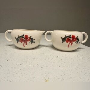 Vintage Crooks China “Flamingo” Creamer & Sugar Bowl Red Hibiscus